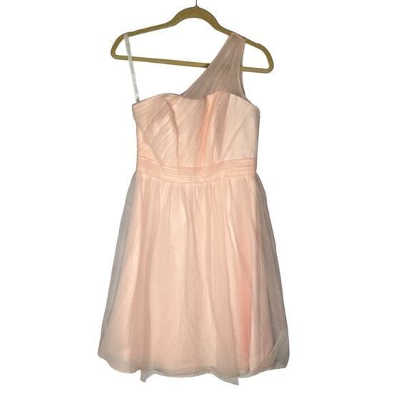 David’s Bridal Peachy Pink Tulle One Shoulder Mini Bridesmaid Dress Size 4 - Picture 1 of 5